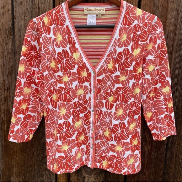 NWOT Norm Thompson Cardigan Sweater multi orange red colors Cotton Knit Size S/M - Picture 1 of 14